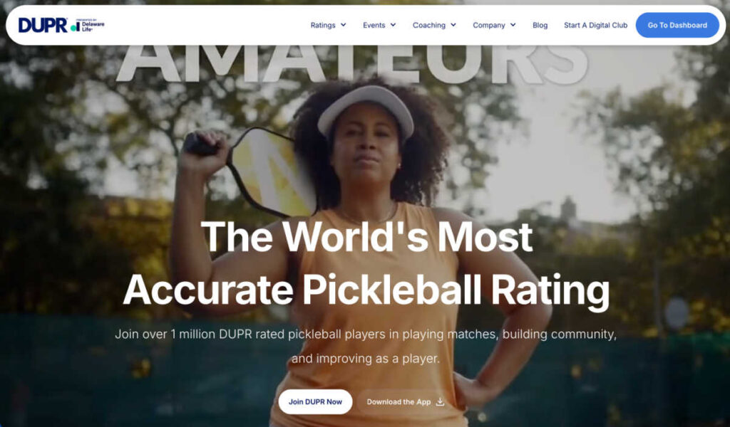 A person holds a pickleball paddle confidently, wearing a smartwatch and a light-colored visor. The text asks, "What is DUPR in Pickleball?" and highlights The World's Most Accurate Pickleball Rating, featuring a call-to-action button for joining DUPR and downloading the app.