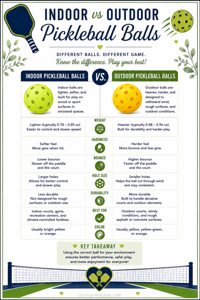 Wondering what is the difference between indoor and outdoor pickleball balls? Our infographic shows indoor balls are lighter, softer, with larger holes for smooth courts, while outdoor balls are heavier, harder, with smaller holes to handle wind and rough surfaces.