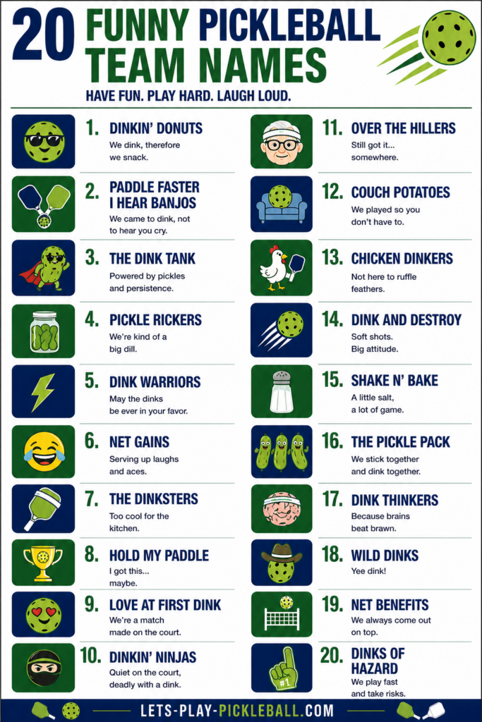 A colorful infographic titled “20 Funny Pickleball Team Names” with green pickleball graphics. A numbered list highlights funny pickleball team names like “Dinkin’ Donuts” and “Pickle Rickers,” each paired with playful icons.