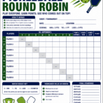 Pickleball Round Robin Printable chart with instructions, scoring rules, player names, match result key, tiebreaker rules, and a table for tracking match outcomes and final standings for eight players.