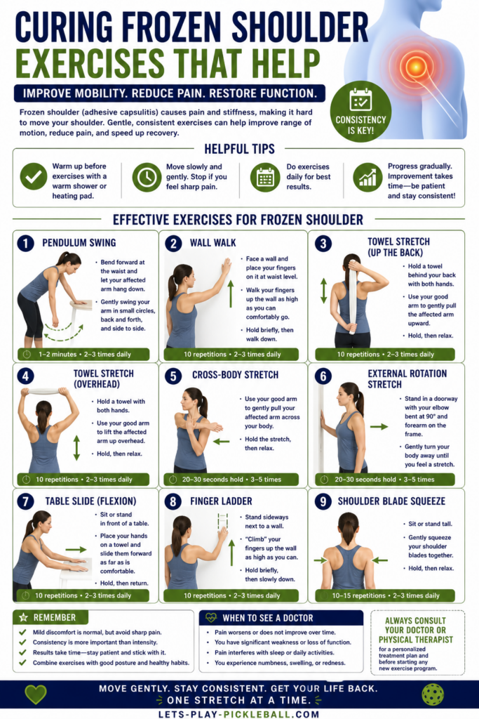 Infographic titled How to Cure Frozen Shoulder Quickly: Exercises That Help, showing 9 illustrated exercises with instructions, safety tips, reminders, and when to see a doctor for shoulder pain or limited movement.