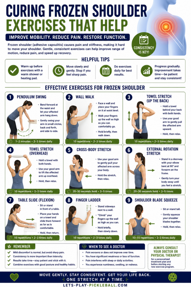 Infographic titled How to Cure Frozen Shoulder Quickly: Exercises That Help, showing 9 illustrated exercises with instructions, safety tips, reminders, and when to see a doctor for shoulder pain or limited movement.