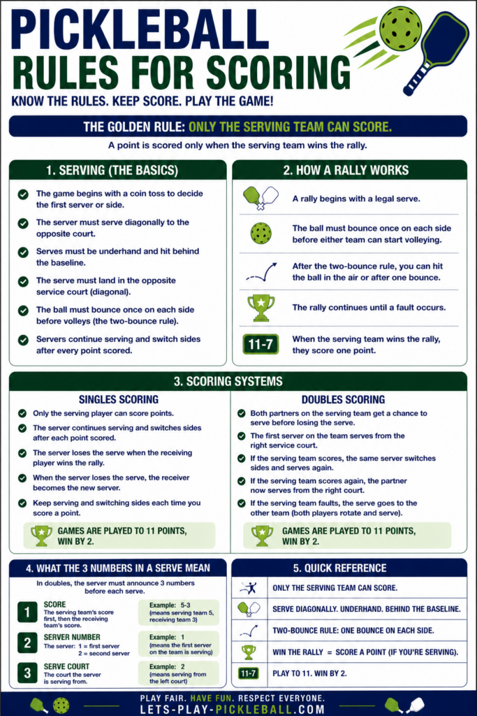 Infographic explaining pickleball scoring rules, with a pickleball scoring printable for easy reference. Covers basics of serving, rally flow, singles and doubles scoring systems, meaning of the three numbers in a serve, plus green and blue design.