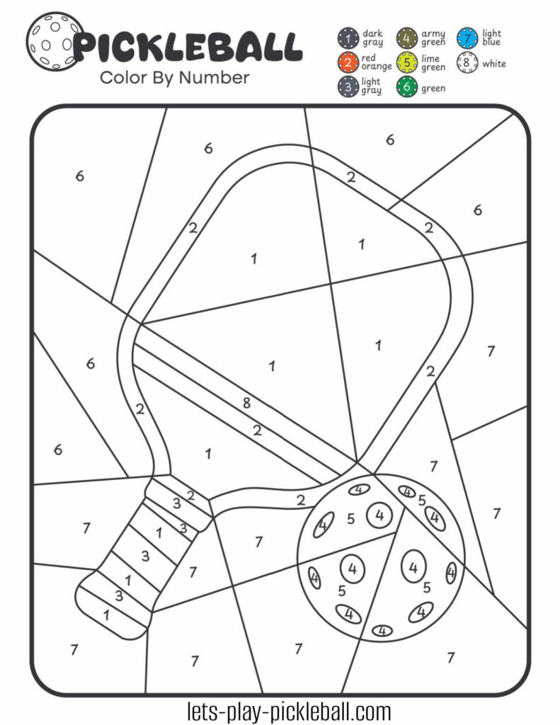 Pickleball Color by Number page featuring a paddle and ball. Each section is numbered 1–8, with a color key at the top: dark gray, red, army green, lime green, green, white, light gray, and light blue.