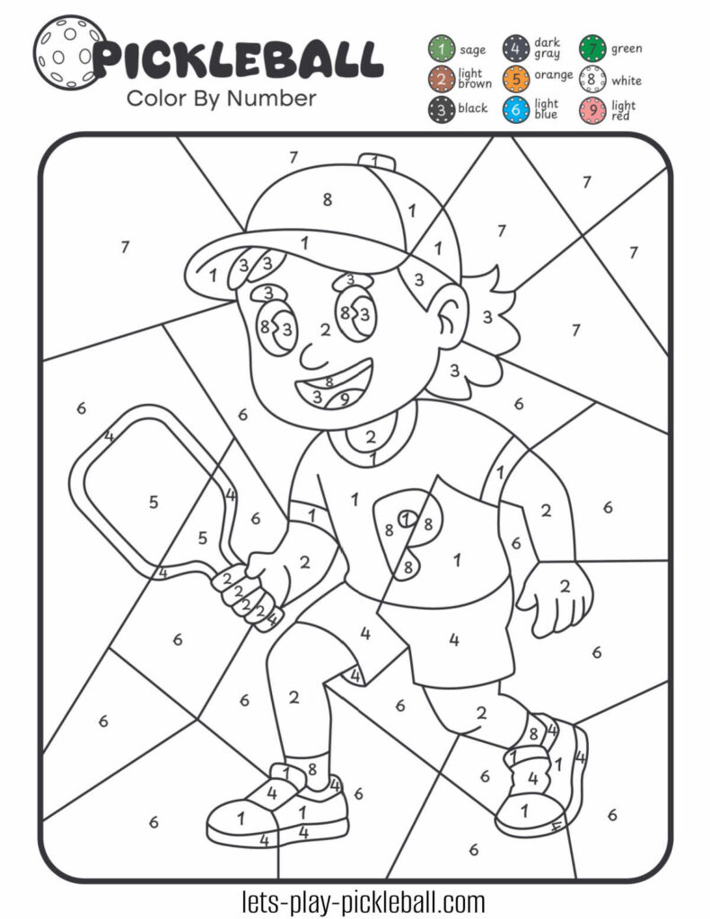 Pickleball Color by Number page featuring a cartoon child holding a paddle. Each section is numbered and matches the color key at the top right, with fun shades like green, light blue, and orange.