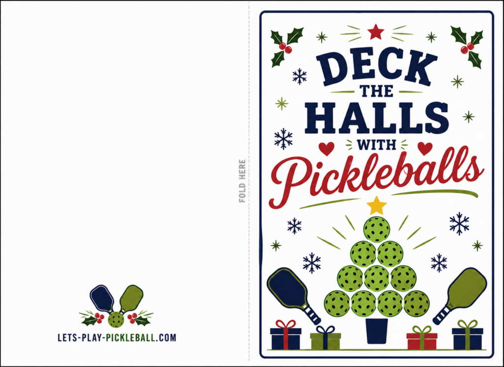 Festive Pickleball Christmas Card with "Deck the Halls with Pickleballs" text, featuring pickleballs arranged as a tree, holiday décor, gifts, two paddles, plus snowflakes, stars, and holly for a cheerful design.