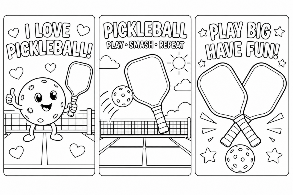 Three Pickleball Coloring Pages: a smiling pickleball holding a paddle, a paddle hitting a ball over the net in the sun, and two crossed paddles with a ball, each featuring positive slogans.