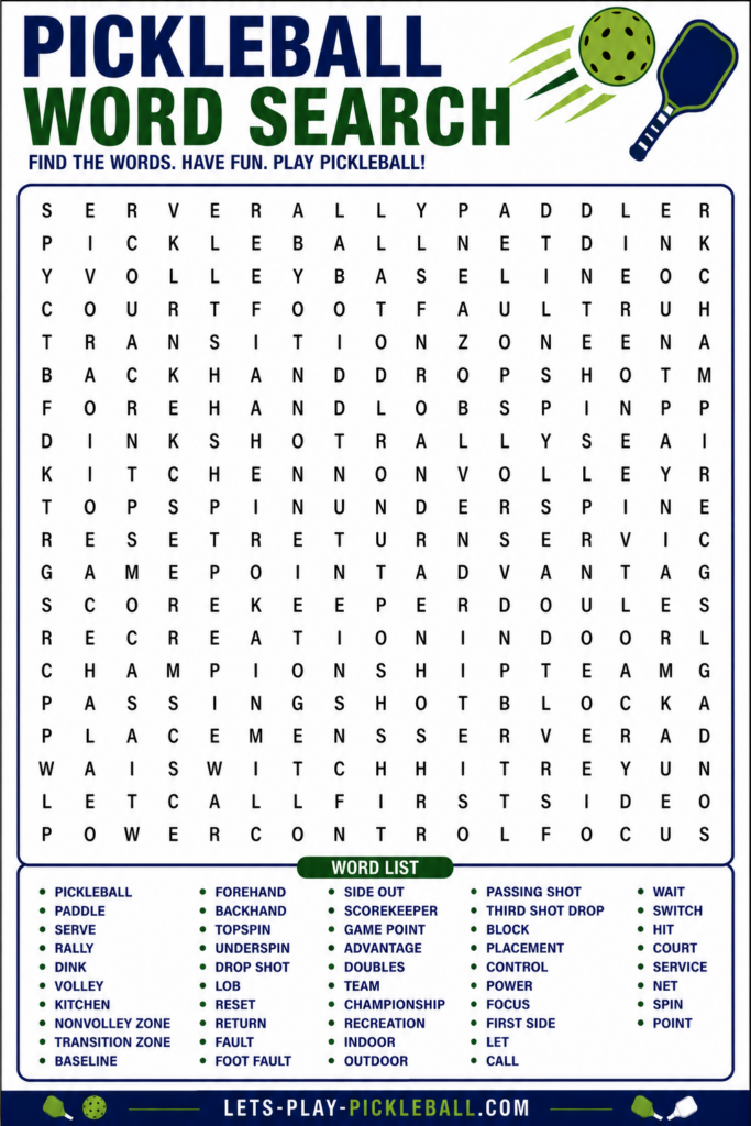 Enjoy a Pickleball Word Search puzzle featuring 32 pickleball-related words like “rally,” “serve,” and “drop shot.” The background displays a green paddle and ball graphic, making it perfect for fans of the game.