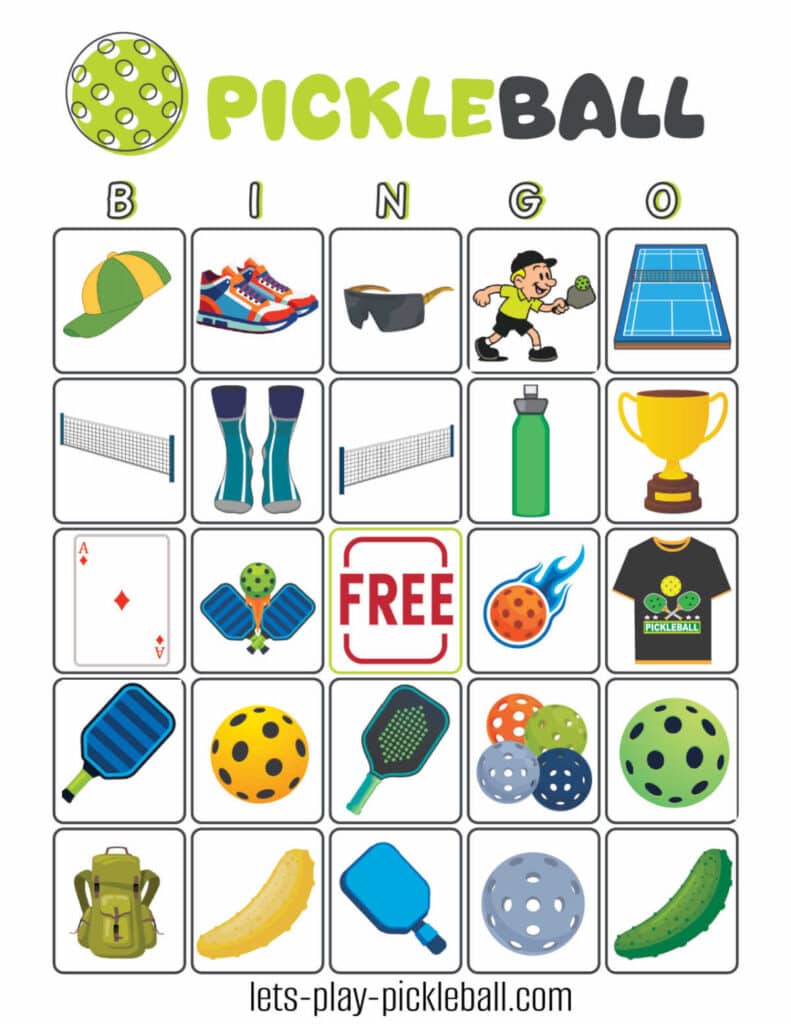 A colorful Pickleball bingo card with 25 squares, each showing items like paddles, balls, shoes, net, court, sunglasses, hat, socks, trophy, water bottle, cucumber, T-shirt, and a “Free” space in the center.
