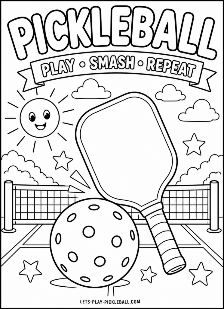 A Pickleball Coloring Pages design featuring a paddle, ball, and court. “Pickleball: Play • Smash • Repeat” sits at the top, surrounded by stars, a smiling sun, clouds, and a net in the background.