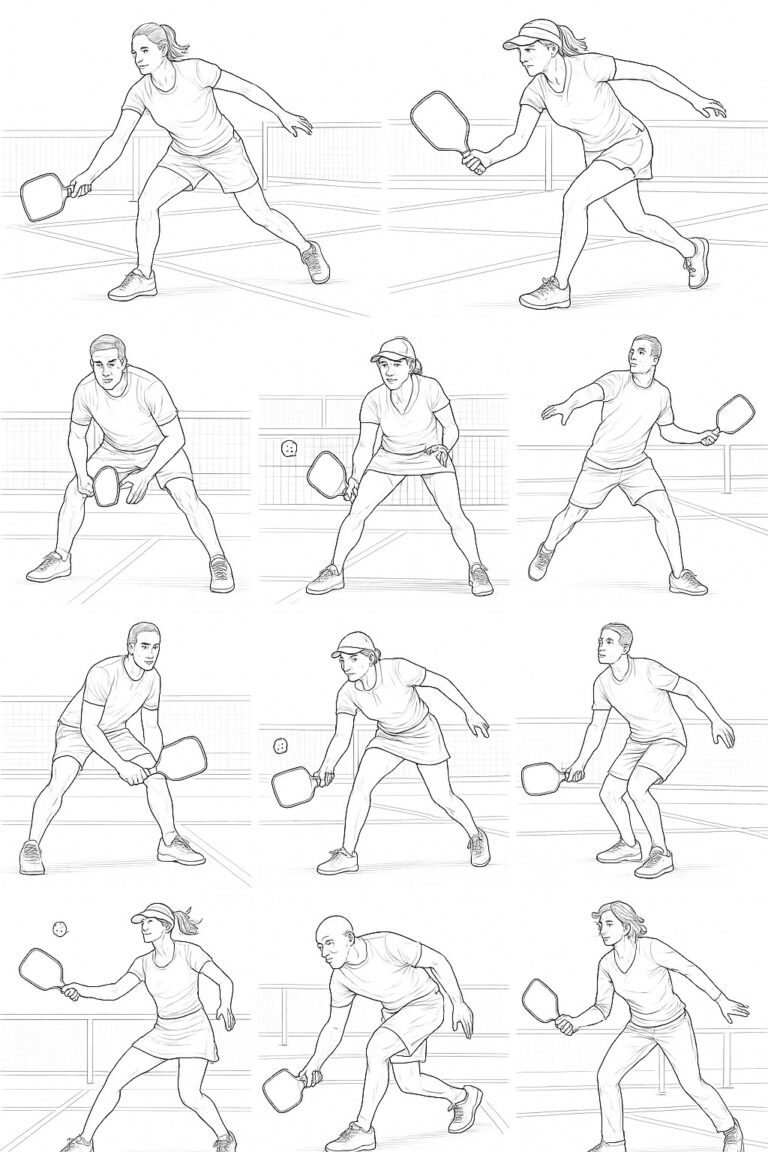 A series of nine black-and-white sketches showing men and women in various action poses playing pickleball, each holding a paddle and approaching or hitting a ball on an outdoor court.