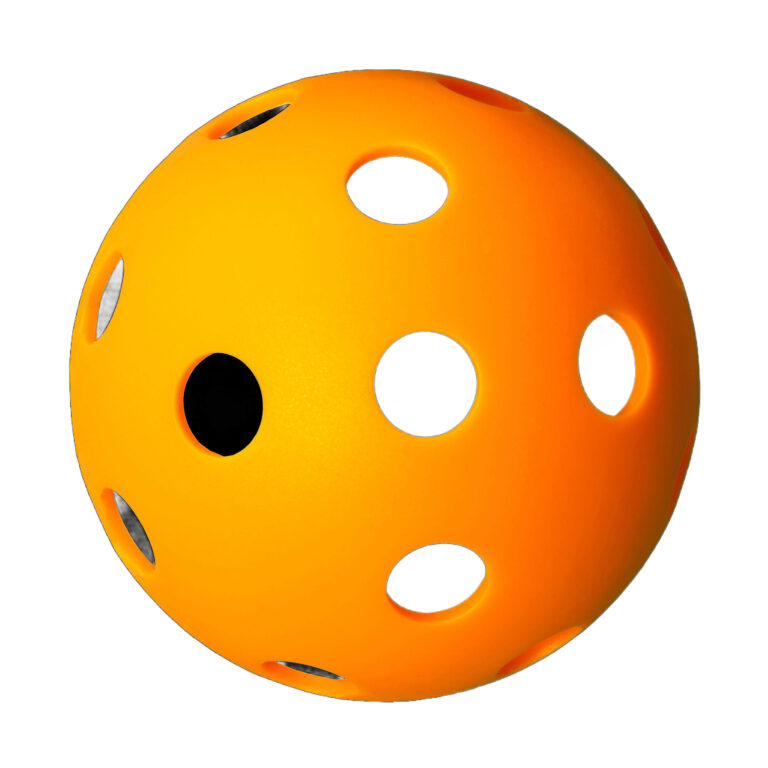 A bright orange plastic ball with multiple evenly spaced circular holes, typically used for sports like wiffle ball or pickleball, shown against a white background.