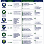 Pickleball Rating Chart outlining skill levels from beginner to pro, with descriptions, skills and characteristics, and areas to work on. Features colored sections, icons, and a paddle and ball illustration at the top.