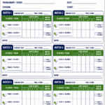 Pickleball score sheet with sections for six matches, including player names, game scores, match and final scores, winning team, and notes. Bottom section has scoring reminders, a score key, and space for extra notes—pickleball score sheets printable.