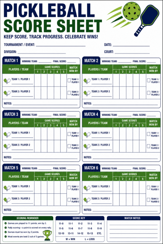 Pickleball score sheet with sections for six matches, including player names, game scores, match and final scores, winning team, and notes. Bottom section has scoring reminders, a score key, and space for extra notes—pickleball score sheets printable.