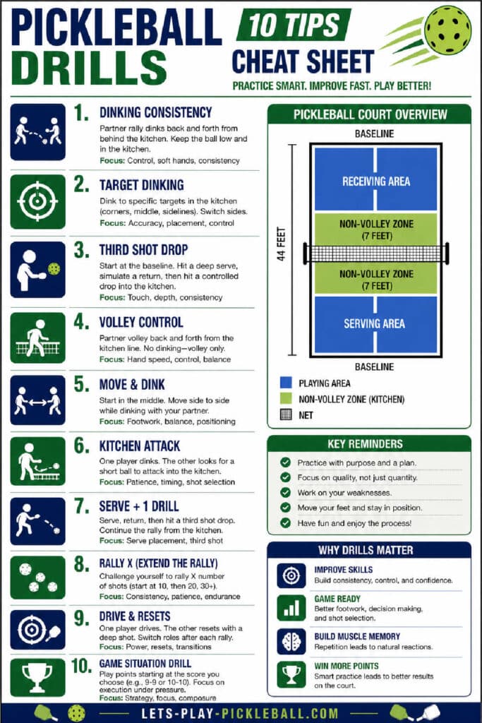 Infographic titled “Pickleball Drills: 10 Tips Cheat Sheet” features top Pickleball Drills, a court overview diagram, court legend, and drill icons—perfect for players looking to improve skills and play better.