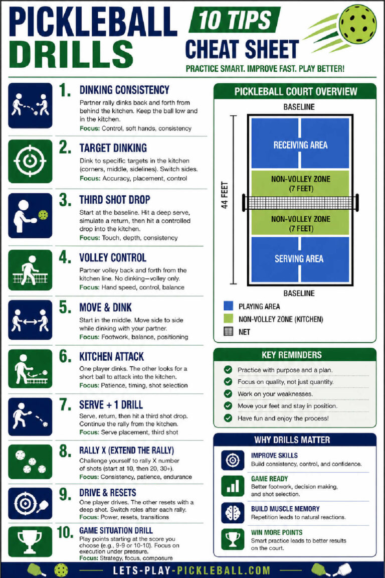 Infographic titled “Pickleball Drills: 10 Tips Cheat Sheet” features top Pickleball Drills, a court overview diagram, court legend, and drill icons—perfect for players looking to improve skills and play better.
