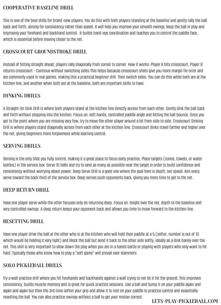 A text-based instructional guide lists and describes five beginner pickleball drills: Cooperative Baseline Drill, Crosscourt Groundstroke Drill, Dinking Drills, Serving Drills, and Volley Drills, each with step-by-step directions.