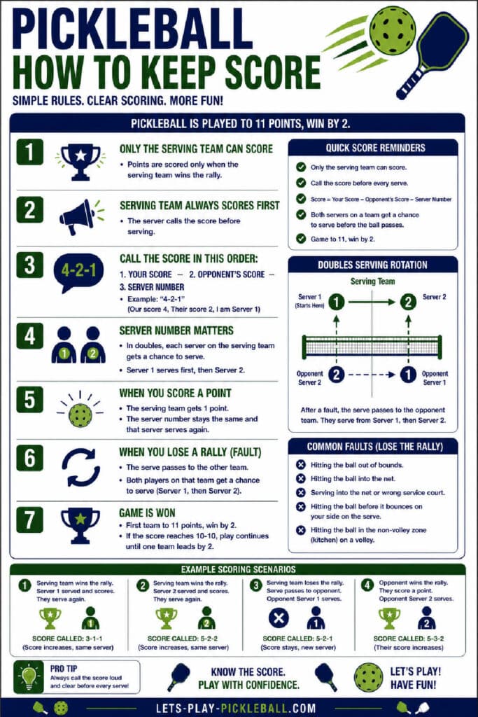 Infographic on How to Score Pickleball: explains scoring rules, server sequence, score examples, doubles rotation, and tips using colorful icons, diagrams, and concise text for easy understanding.