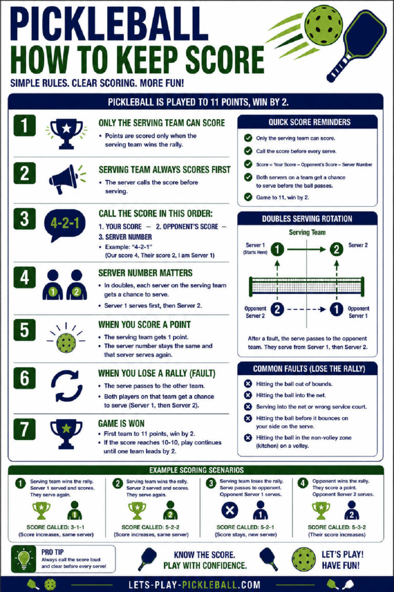 Infographic on How to Score Pickleball: explains scoring rules, server sequence, score examples, doubles rotation, and tips using colorful icons, diagrams, and concise text for easy understanding.