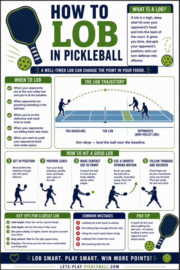 Infographic titled “How to Lob in Pickleball” illustrates what is a lob in pickleball with step-by-step guides, tips, common mistakes, lob trajectory diagram, plus paddle and ball visuals. Includes strategy tips and clear lobbing explanations throughout.