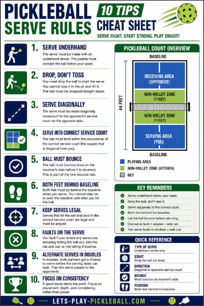 Infographic of 10 pickleball serving rules and tips with diagrams, court overview, icons, and short explanations. Includes serving techniques, faults, double rules, and court layout for clear understanding.