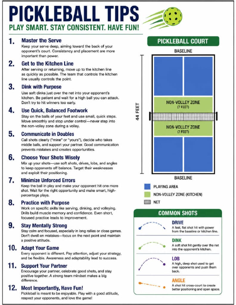 A colorful pickleball tips poster with 12 numbered tips on playing smart and consistently. Includes a labeled diagram of a pickleball court, showing the baseline, non-volley zone (kitchen), net, and dimensions.