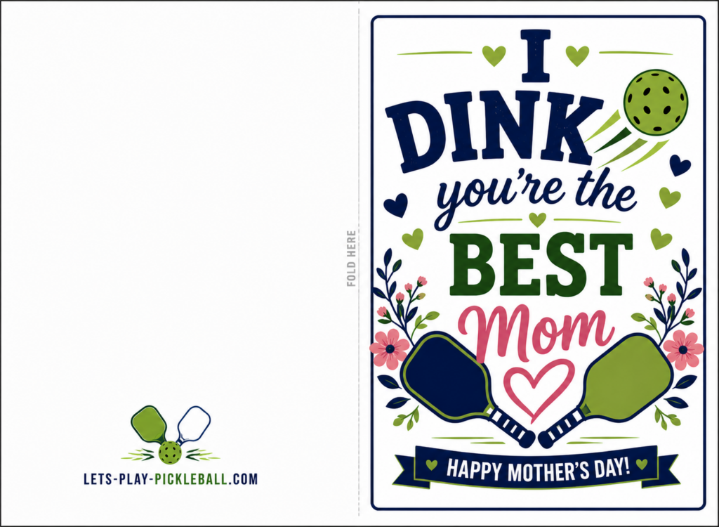Front of a greeting card with pickleball paddles, a ball, hearts, and flowers. Text reads: I dink youre the best mom. Happy Mothers Day! Website lets-play-pickleball.com appears on the back.
