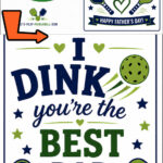 A collage featuring a Free Pickleball Fathers Day Card! The card displays pickleball paddles, a ball, and the message: I dink you’re the best dad. Happy Father’s Day!.