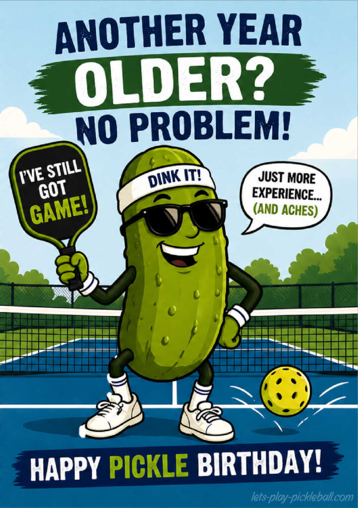A cartoon pickle wearing sunglasses, a headband, and sneakers poses on a pickleball court holding a paddle. Speech bubbles say “I’ve still got game!” and “Just more experience... (and aches).” Text reads “Another year older? No problem! Happy pickle birthday!”.