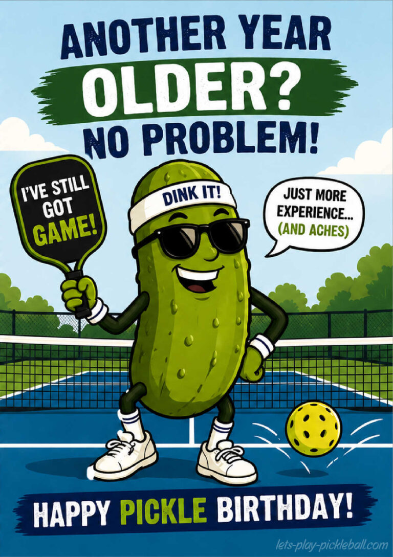 A cartoon pickle wearing sunglasses, a headband, and sneakers poses on a pickleball court holding a paddle. Speech bubbles say “I’ve still got game!” and “Just more experience... (and aches).” Text reads “Another year older? No problem! Happy pickle birthday!”.