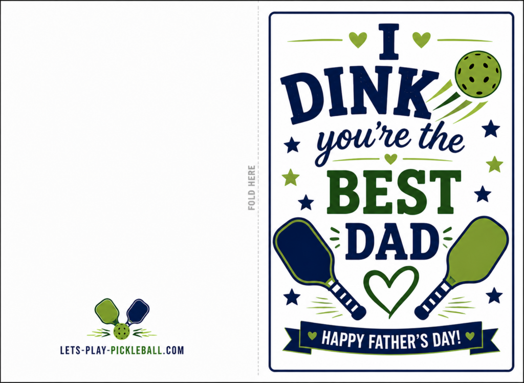 Front of a Fathers Day card with pickleball paddles, a pickleball, hearts, and stars. The text reads: “I dink you’re the best dad. Happy Father’s Day!” The back shows two paddles, a ball, and lets-play-pickleball.com.
