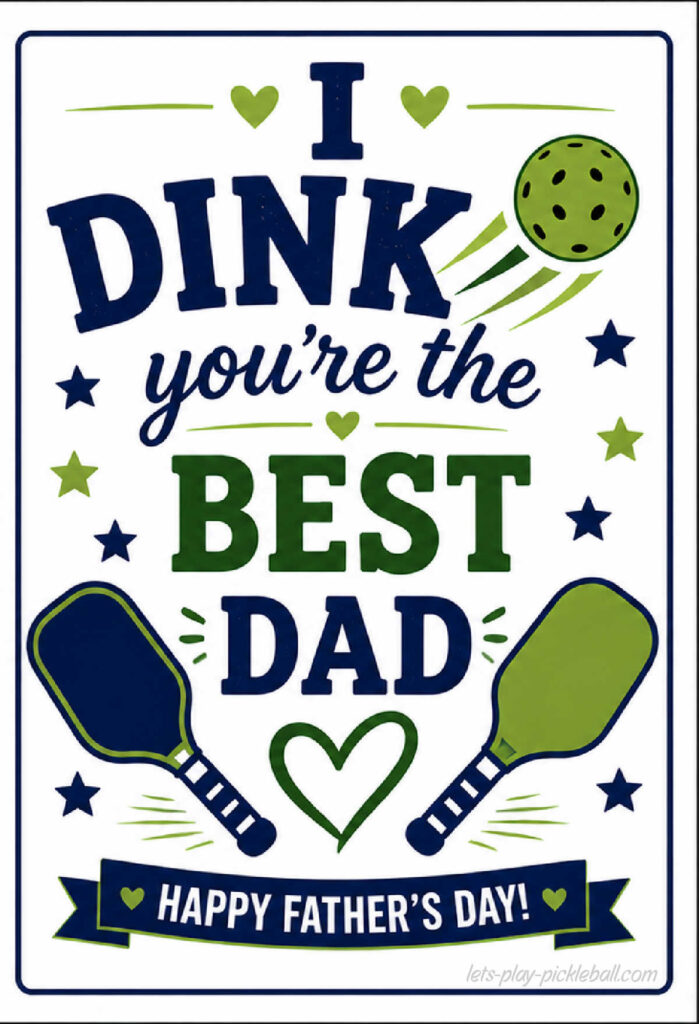 Father’s Day card with pickleball paddles, a ball, hearts, and stars. Text says, “I dink you’re the best dad. Happy Father’s Day!” in blue and green.