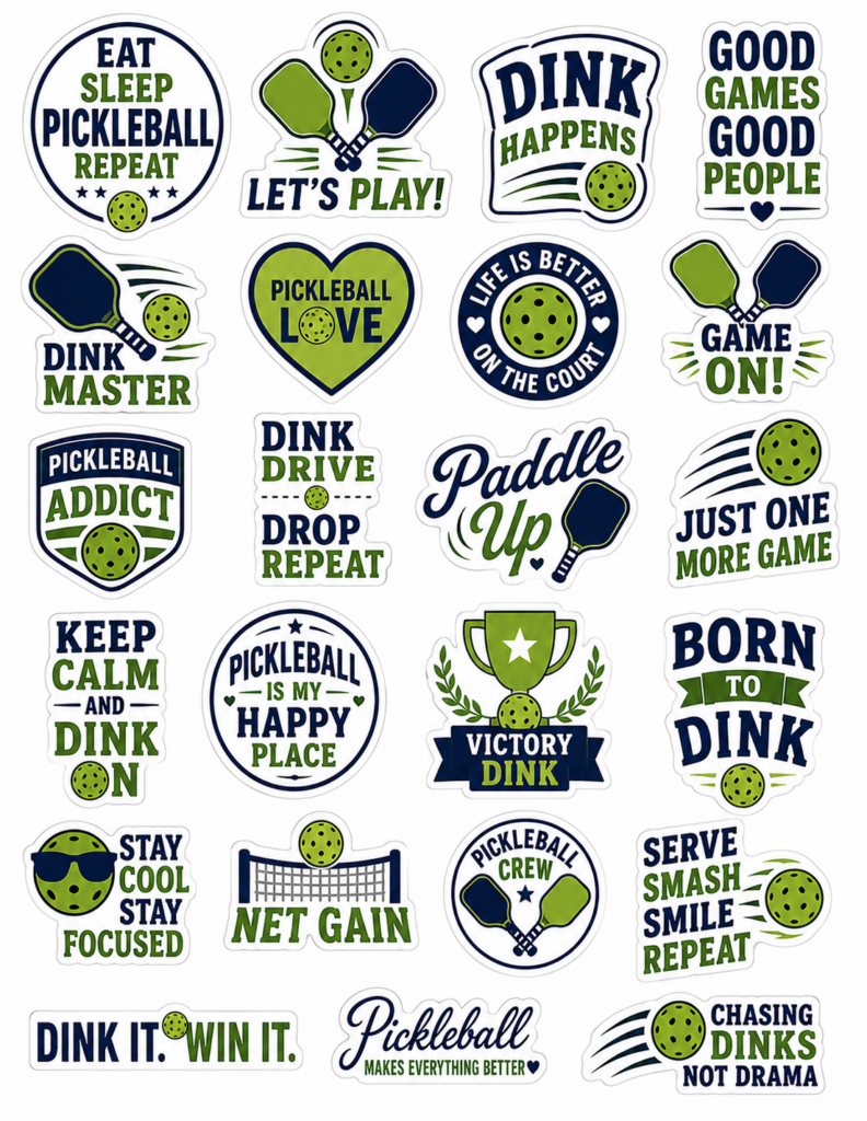 A collection of colorful pickleball-themed stickers with playful phrases like Eat Sleep Pickleball Repeat, Dink Happens, Game On!, Paddle Up, and Born to Dink, along with pickleball paddles and balls.