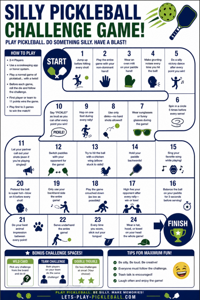 A colorful game board titled Silly Pickleball Challenge Game! with playful icons, numbered spaces, instructions, wildcards, bonus spaces, and tips. It guides players through fun Pickleball Games and activities for all ages.