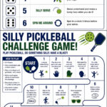 Infographic with a Silly Pickleball Challenge Game! Explore this playful Pickleball Games adventure, featuring dice roll challenges, how to play, a game path with 24 silly tasks like dancing and spinning, all ending at the Finish sign.