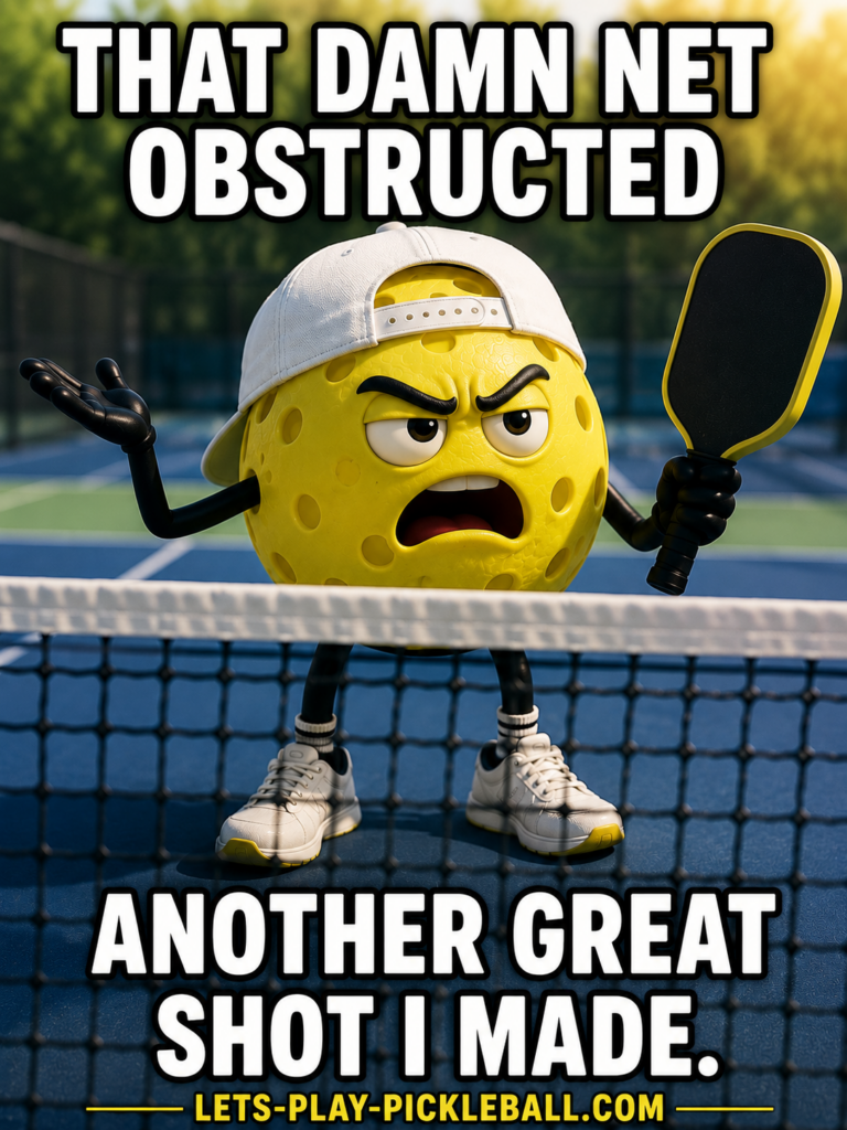 A cartoon pickleball with arms, legs, a backward cap, and an angry face holds a paddle next to a net on a court. Text reads: That damn net obstructed another great shot I made.