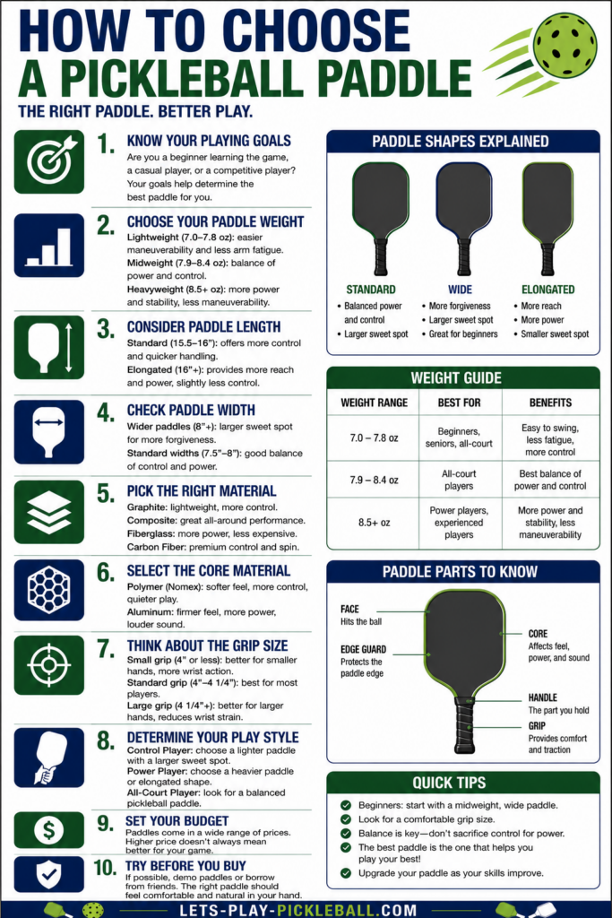 Infographic titled How to Choose a Pickleball Paddle, detailing 10 tips on selecting a paddle, including weight, length, shape, grip size, and materials, plus guides for shapes, weights, paddle parts, and quick tips.