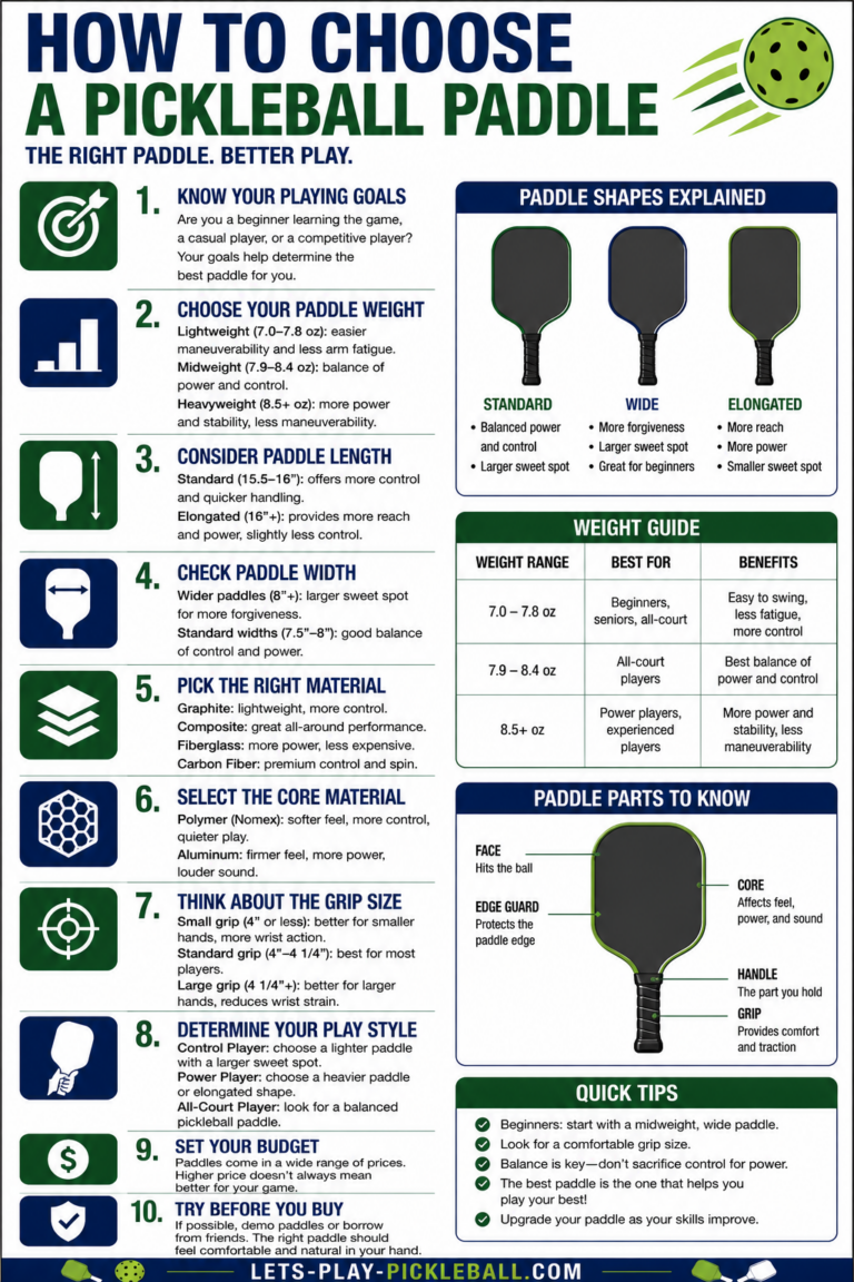 Infographic titled How to Choose a Pickleball Paddle, detailing 10 tips on selecting a paddle, including weight, length, shape, grip size, and materials, plus guides for shapes, weights, paddle parts, and quick tips.