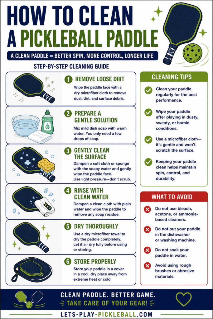 Infographic titled “How to Clean a Pickleball Paddle,” shows step-by-step cleaning instructions, tips, and what to avoid, with labeled illustrations of cleaning tools, paddle, soap, towel, and warning symbols.