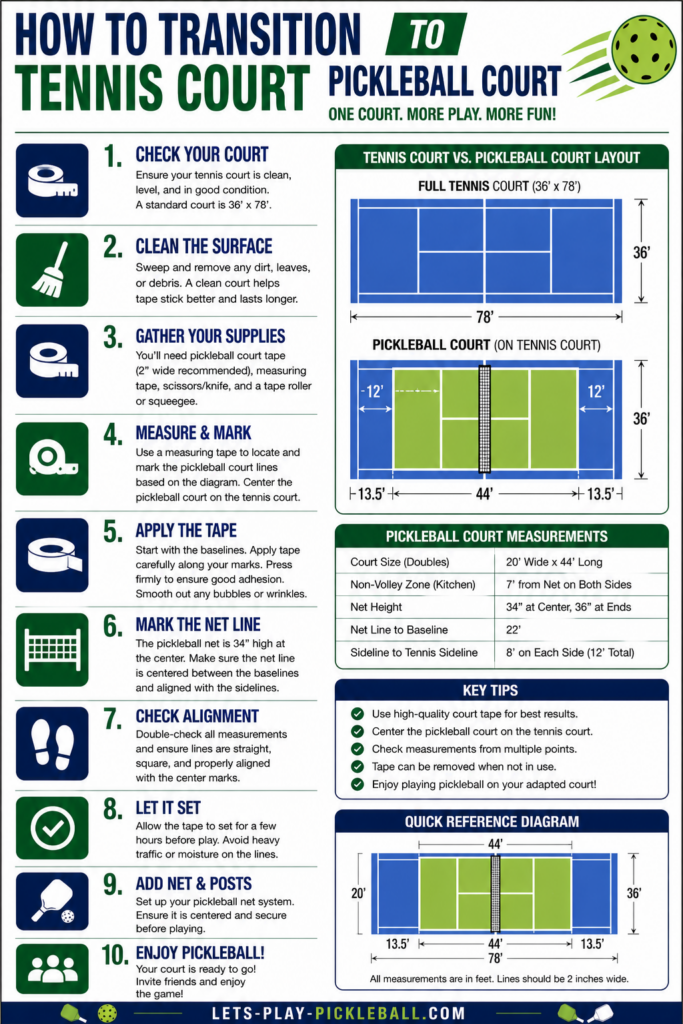An infographic explains how to convert a tennis court into a pickleball court, with step-by-step instructions, diagrams comparing court layouts, measurements, supplies needed, and a quick reference chart for dimensions.
