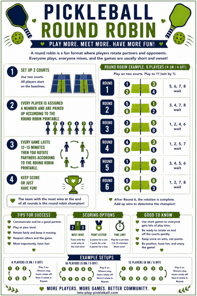 Infographic explaining how to set up and run a Pickleball round robin tournament, with illustrated steps for 8 players, scoring options, example setups, and tips for smooth play. Green, blue, and white color scheme.