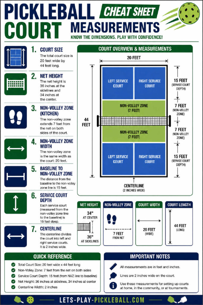 Infographic titled Pickleball Court Measurements Cheat Sheet with diagrams and labeled dimensions for court size, net height, zones, and important notes. Includes quick reference icons and court overview illustration.