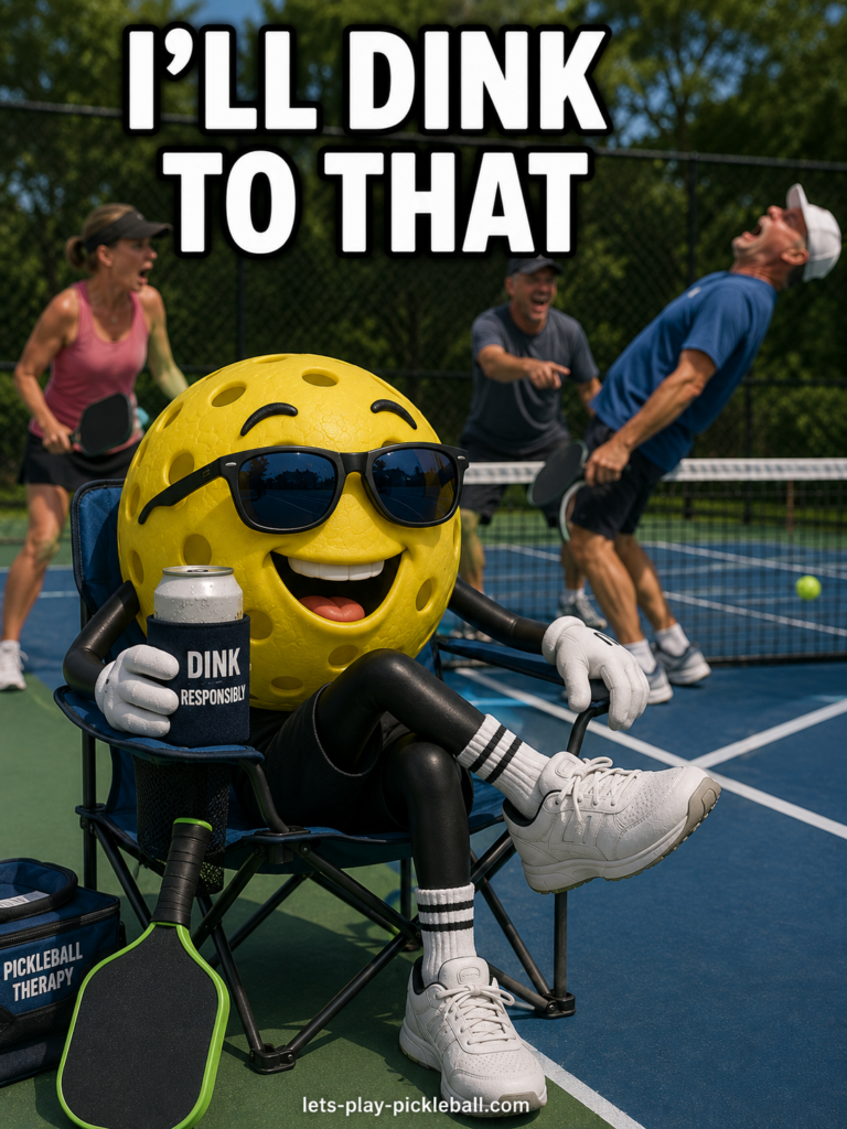 A smiling pickleball mascot wearing sunglasses sits in a chair on a court, holding a drink can labeled Dink Responsibly, while three adults play pickleball in the background. Text above reads I’LL DINK TO THAT.