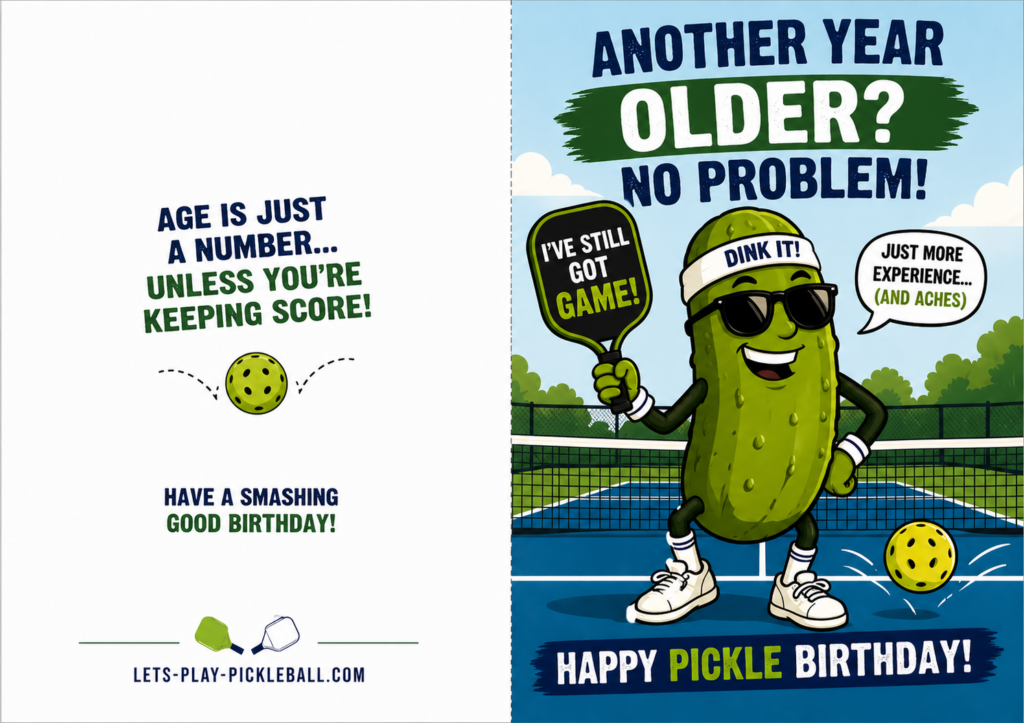 Front of a birthday card showing a cool, smiling pickle in sunglasses holding a paddle and pickleball on a tennis court, with playful birthday and aging messages in bold, colorful text.