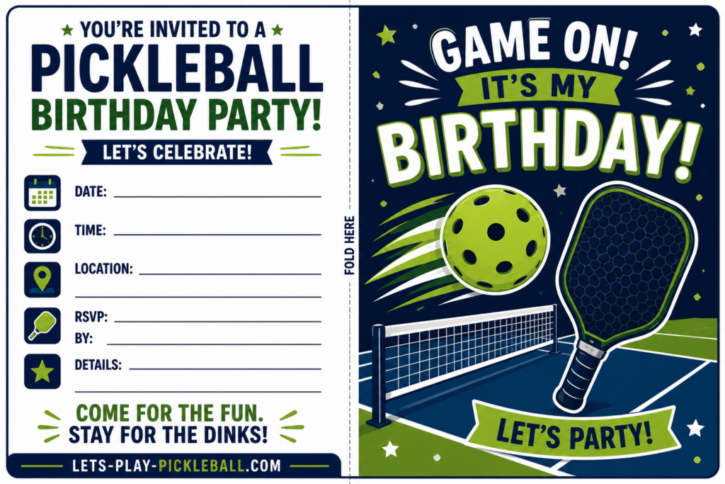 A colorful Pickleball Party birthday invitation featuring a pickleball, paddle, and net, with spaces to fill in event details. Text reads Game On! It's My Birthday! Let's Party! and Come for the fun. Stay for the dinks!.