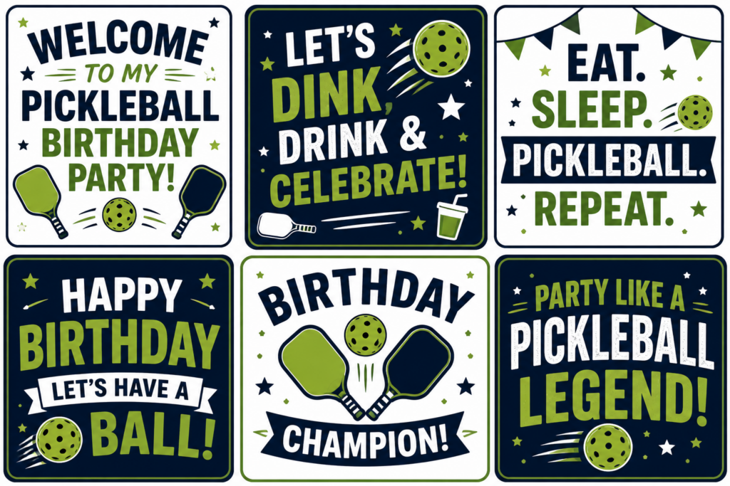 Six illustrated signs with pickleball-themed birthday messages, perfect for any Pickleball Party. Designs feature paddles and pickleballs with phrases like Welcome to my pickleball birthday party! in green, navy, and white.