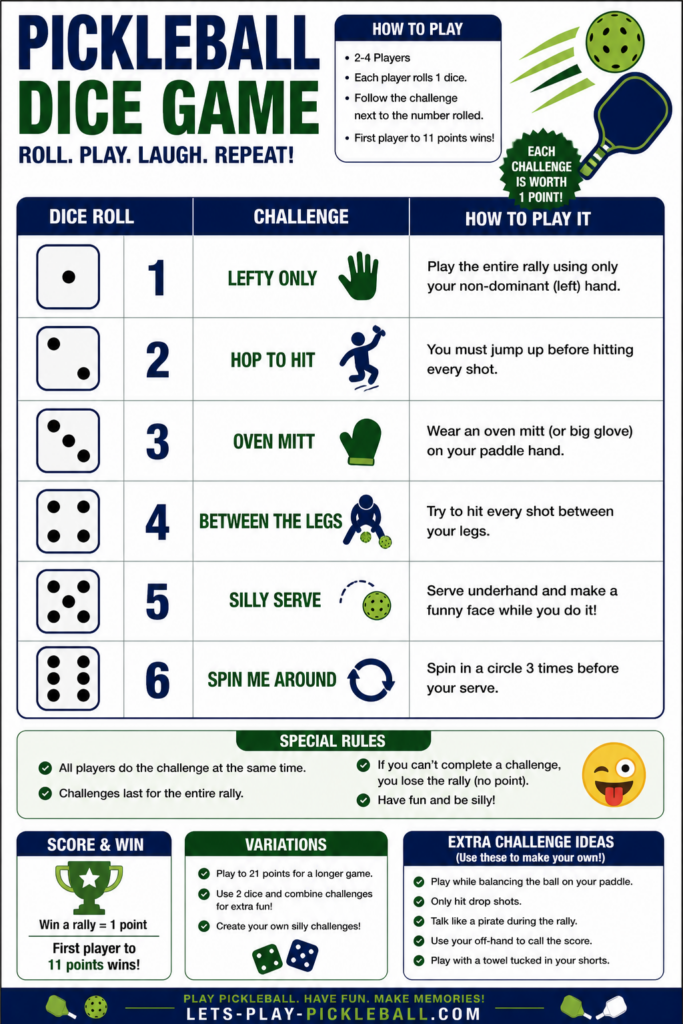 Infographic for a Pickleball Dice Game. Each die roll (1–6) gives a fun Pickleball Games challenge, like playing one-handed or between the legs. Includes how to play, scoring, rules, variations, and extra challenge ideas.