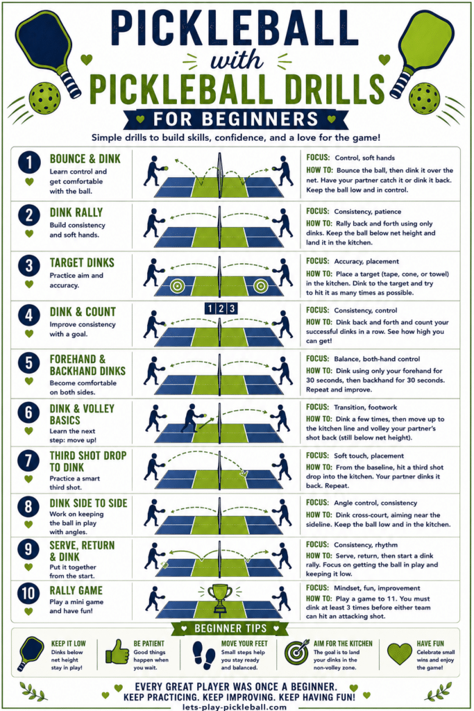 Infographic titled Pickleball with Pickleball Drills for Beginners, showing ten numbered pickleball drills with illustrated players, descriptions, and beginner tips for improving skills, plus motivational messages at the bottom.