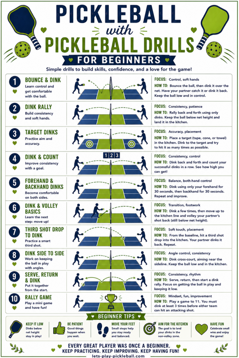 Infographic titled Pickleball with Pickleball Drills for Beginners, showing ten numbered pickleball drills with illustrated players, descriptions, and beginner tips for improving skills, plus motivational messages at the bottom.